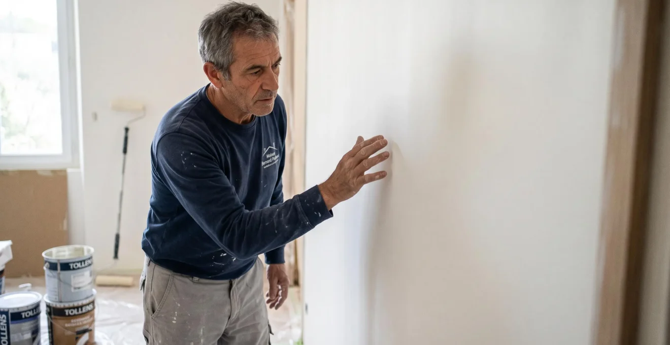 Peintre professionnel inspectant minutieusement la qualité et l'uniformité d'une surface fraîchement peinte