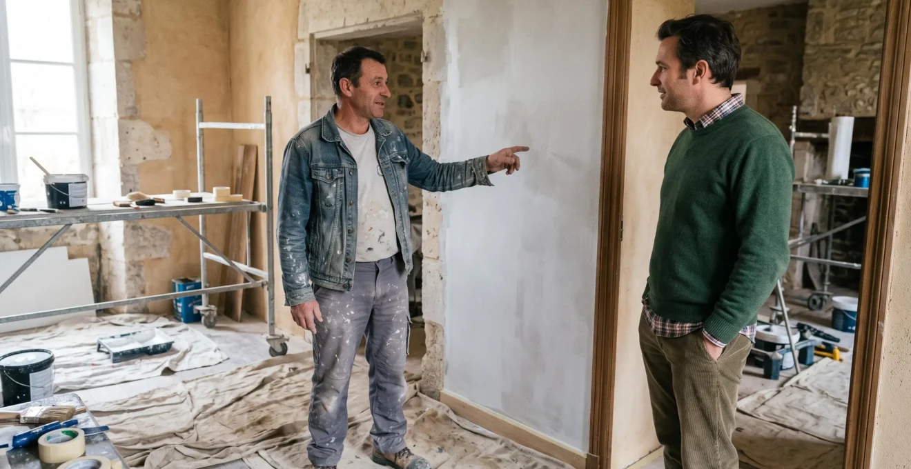 Artisan peintre en discussion professionnelle avec un client sur un chantier de rénovation intérieure