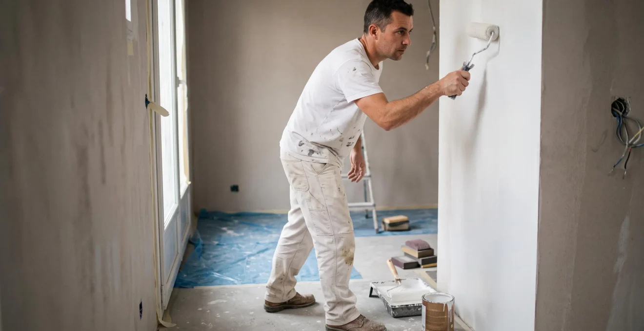 Peintre professionnel appliquant de la peinture blanche au rouleau sur un mur intérieur lors d'un chantier de rénovation
