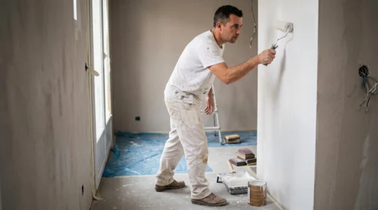 Peintre professionnel appliquant de la peinture blanche au rouleau sur un mur intérieur lors d'un chantier de rénovation
