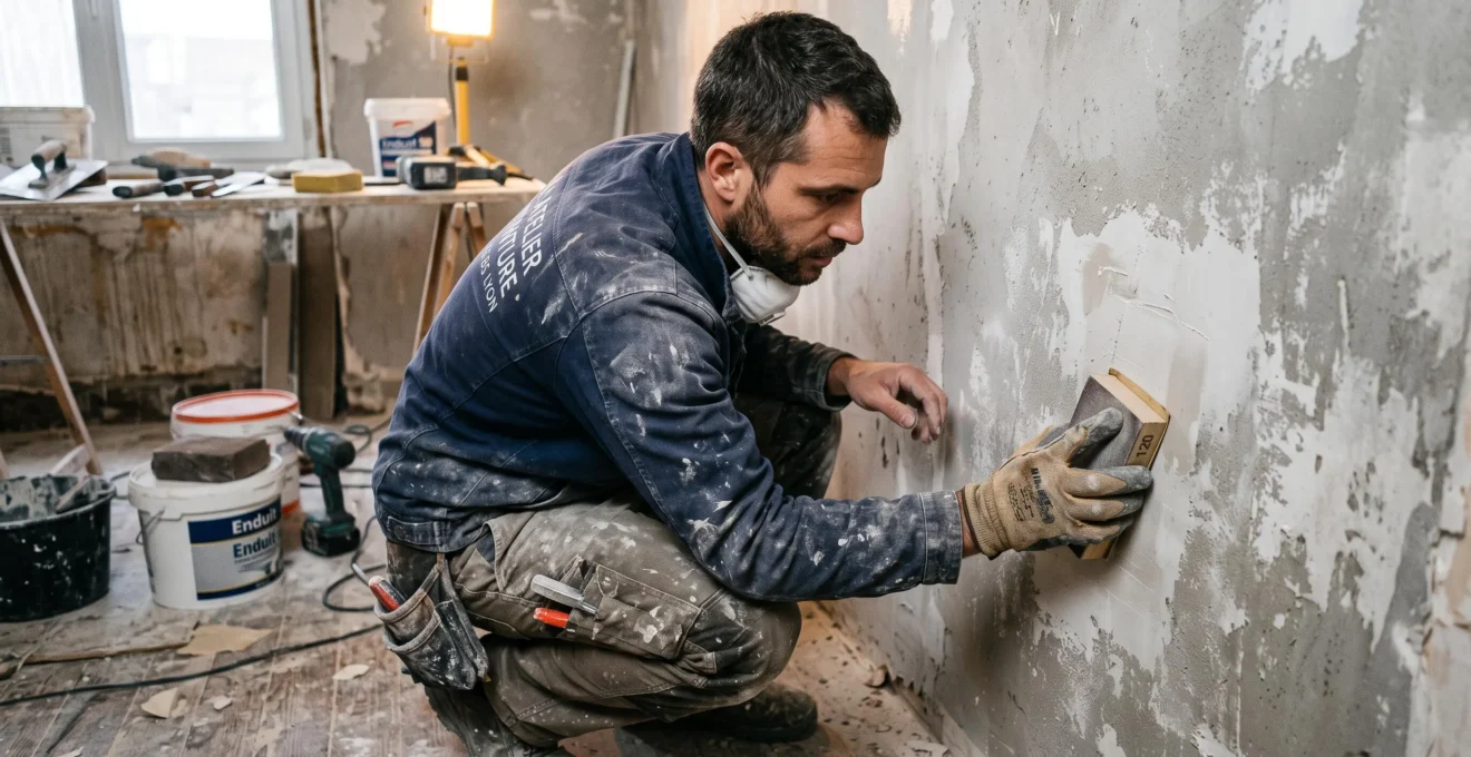 Artisan peintre préparant minutieusement la surface d'un mur par ponçage avant application de la peinture